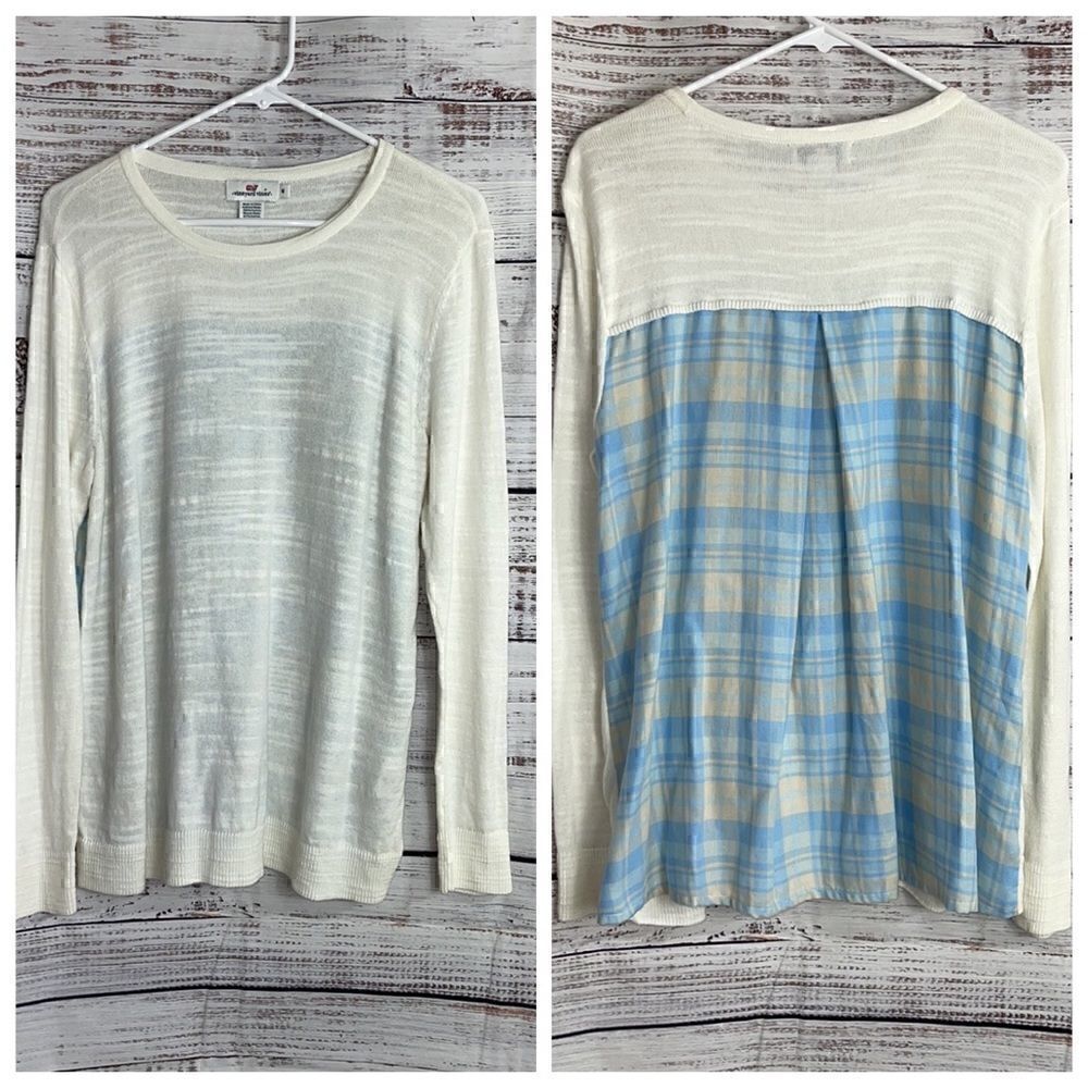 Vineyard vines Sweater Womens Medium knit plaid longshore cotton linen blend‎